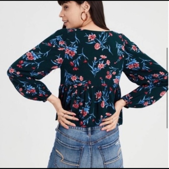 American Eagle Peasant Floral Tie Knot Blouse L - Picture 3 of 5